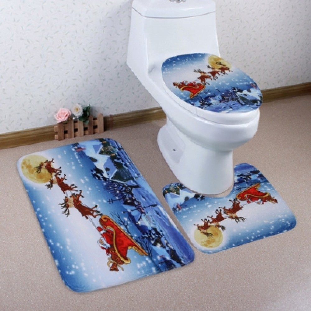 3Pcs Christmas Sled Moon Toilet Bath Rugs Set
