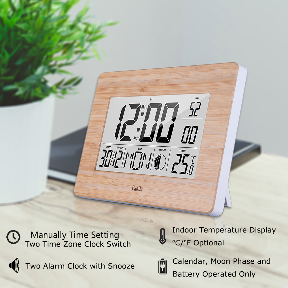 FanJu FJ3530 Big Screen Digital Alarm Clock with Dual Alarm, Indoor Temperature, Moon Phase, Calendar